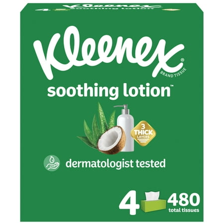 Kleenex Soothing Lotion Coconut Oil Facial Tissues, 4 Flat Boxes, 120 White Tissues per Box