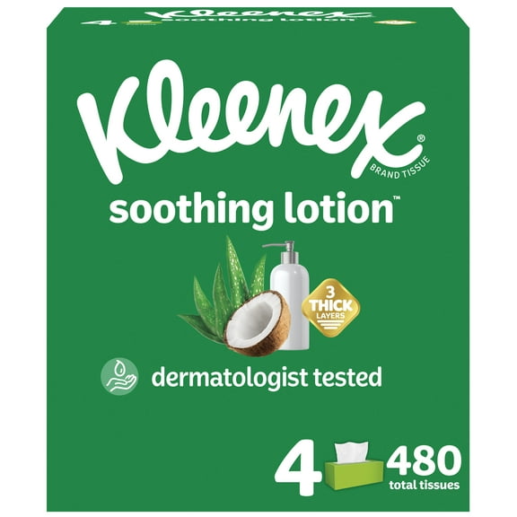 Kleenex Soothing Lotion Facial Tissues with Coconut Oil, 4 Flat Boxes