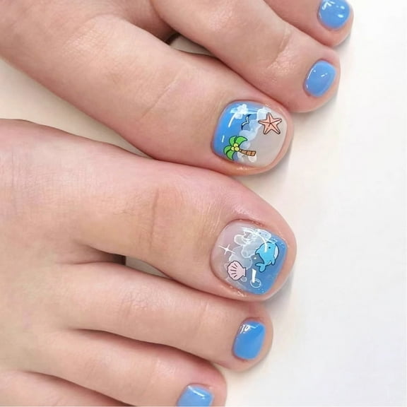 24Pcs Beach Press on Toenails False Toenails Square Stick ons Short False Toenails Full Covers Acrylic Toe Nails