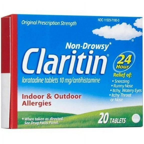 Claritin. Non-Drowsy 24 Hour, loratadine tablets 10 mg antihistamine Indoor & Outdoor Allergies, 20 Tablets (Box of 20)