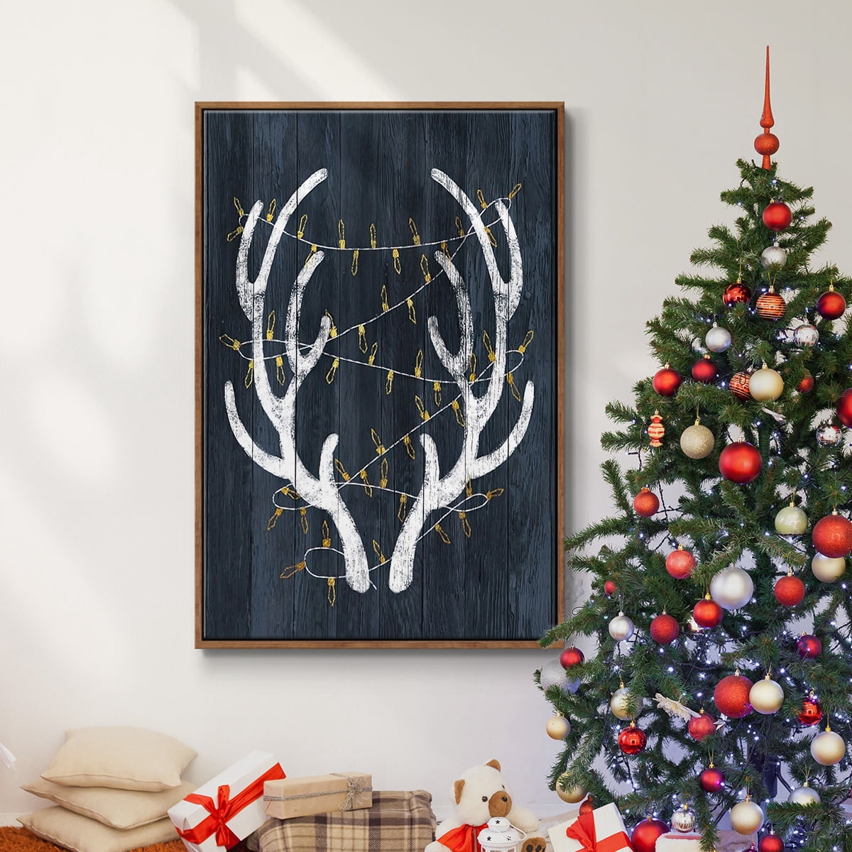 Antlers & Lights - Framed Gallery Wrapped Holiday Canvas - 17 x 25 - Rosewood Frame