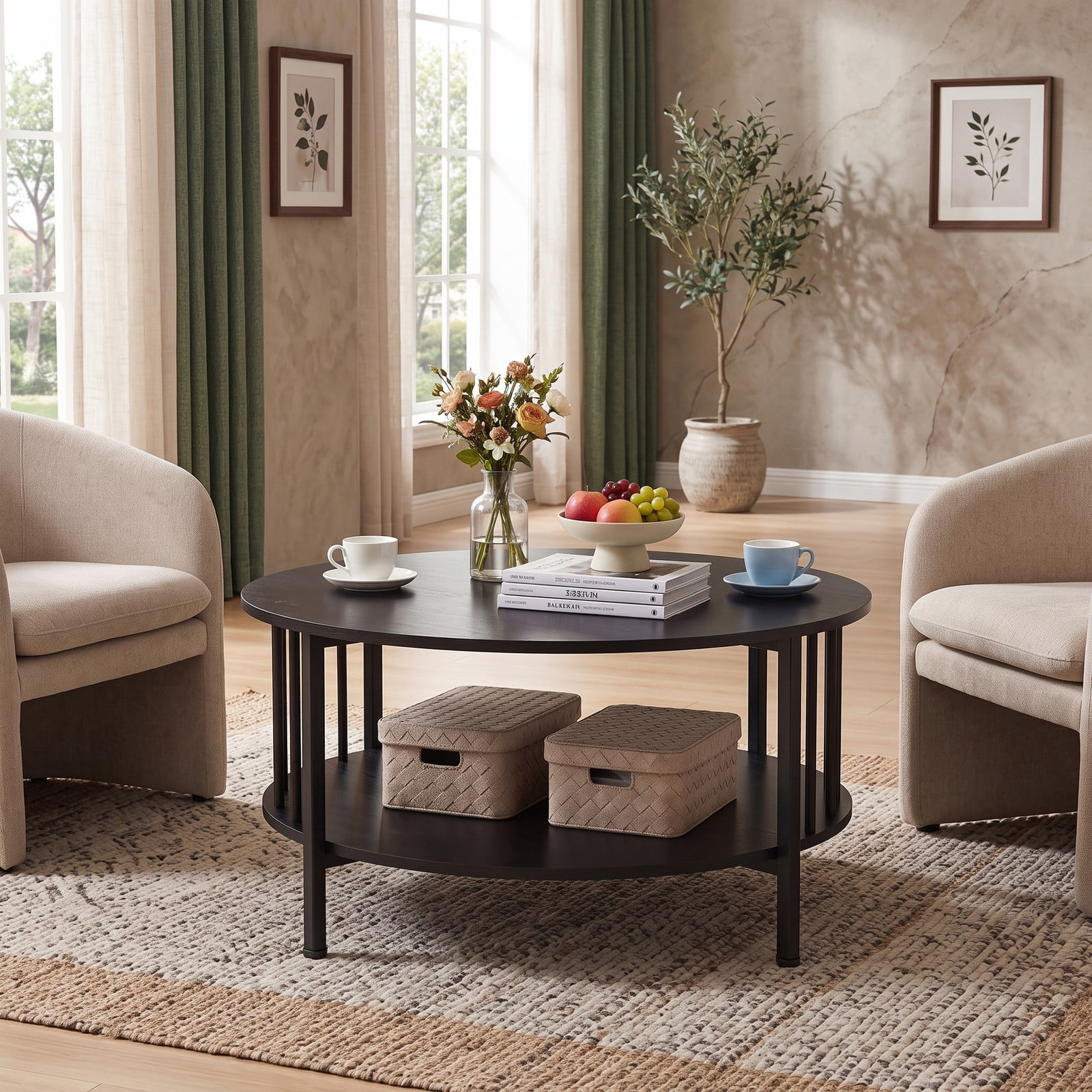 Furnibear 2-Tier Round Coffee Table with Storage Shelf, Engineered Wood Center Table with Metal Cross Frame and Picket Accents for Living Room, Black Walnut / Black