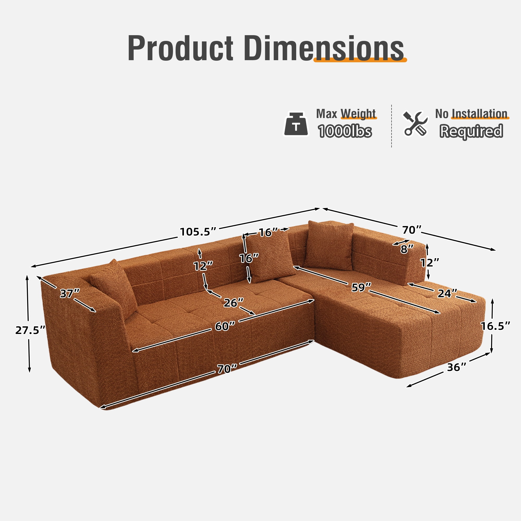 MOONMISS 105.5" Polyester Upholstered Modular Oversized L-Shaped Comfy Sectional Compressed Sofa-Brown