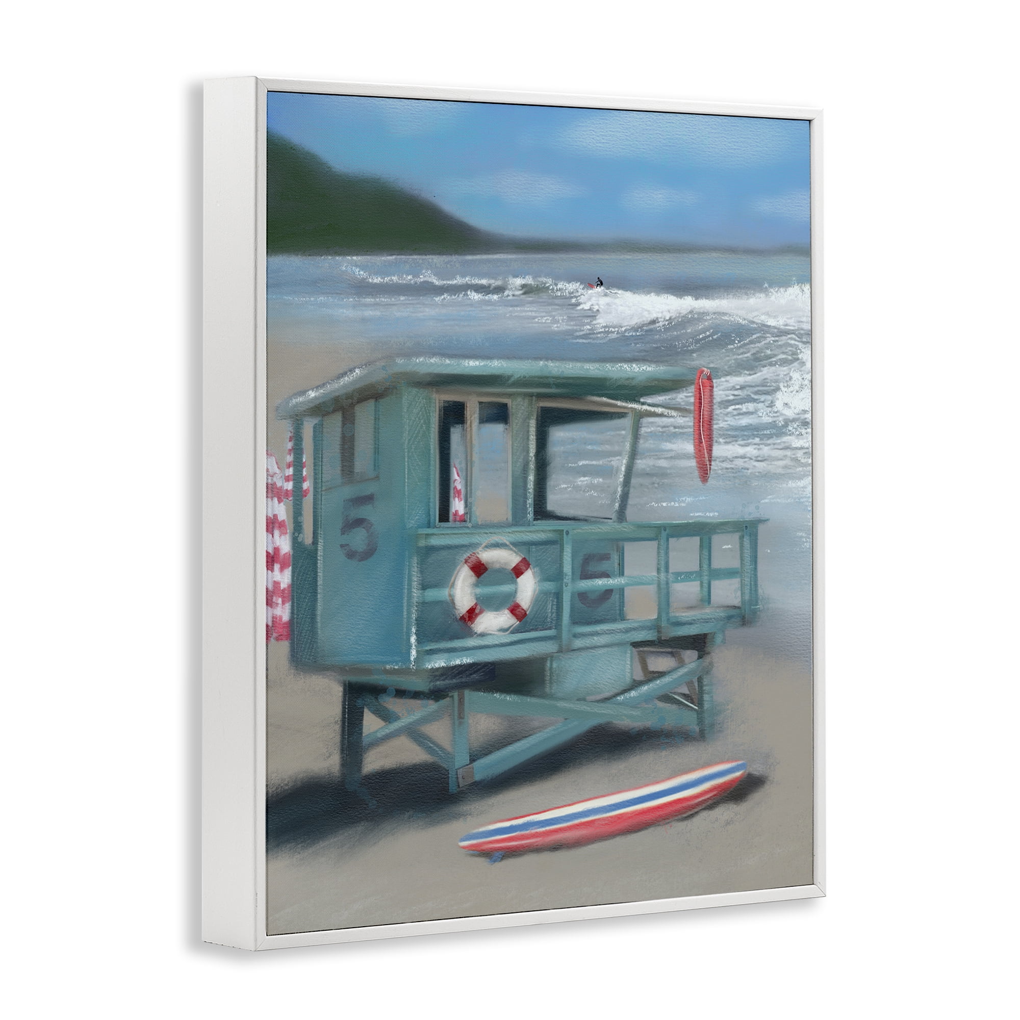 Stupell Industries Lifeguard Stand on Shore Coastal Painting White Framed Art Print Wall Art, 16 x 20