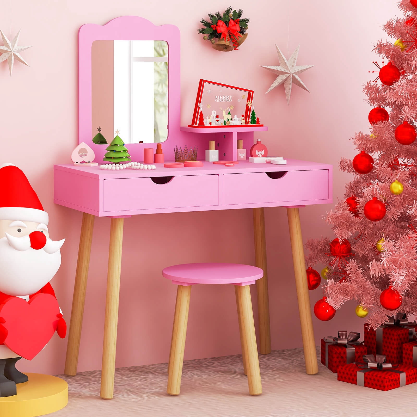 Costway Kid Vanity Table Chair Set with Mirror Large Storage Drawers Wooden Legs Pink