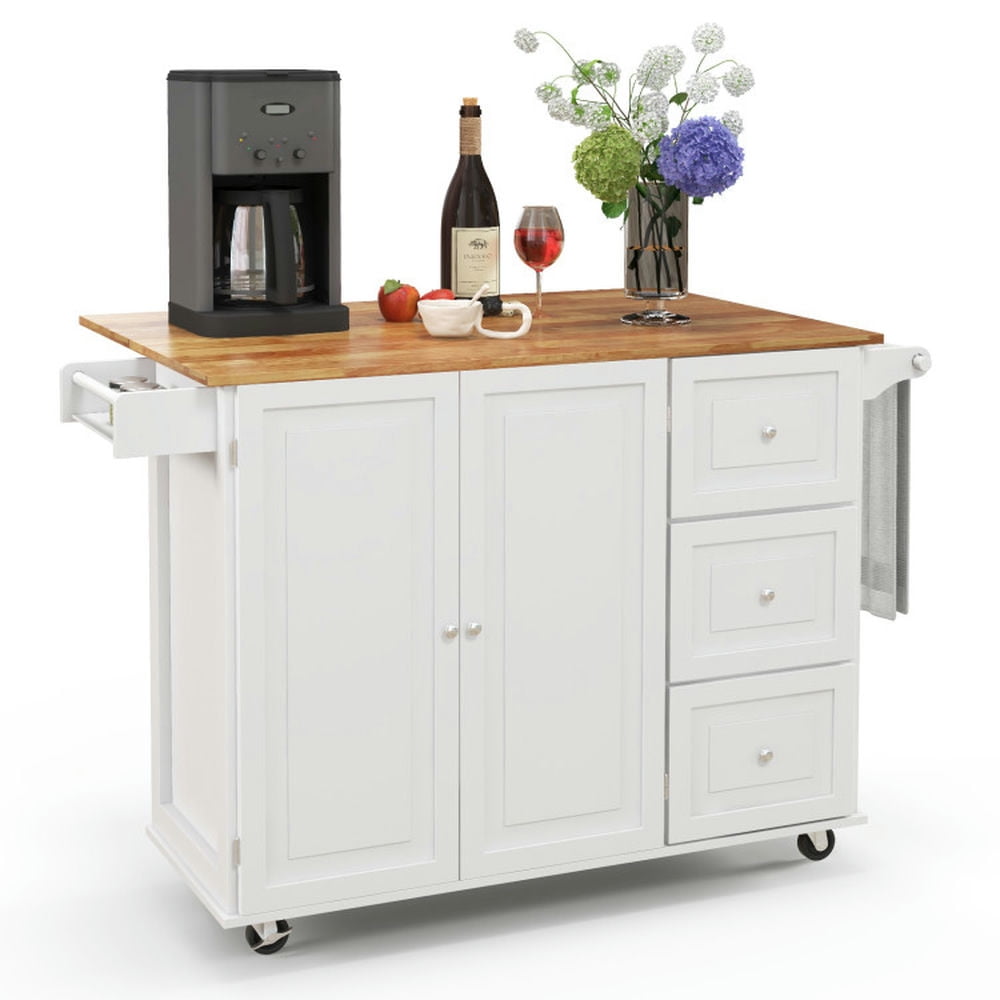 Finihen Rolling Storage Cabinet Cart, Kitchen Island Cart, Kitchen Island Trolley Cart Wood with Drop-Leaf Tabletop and Storage Cabinet, for Kitchen, Dining Room, White