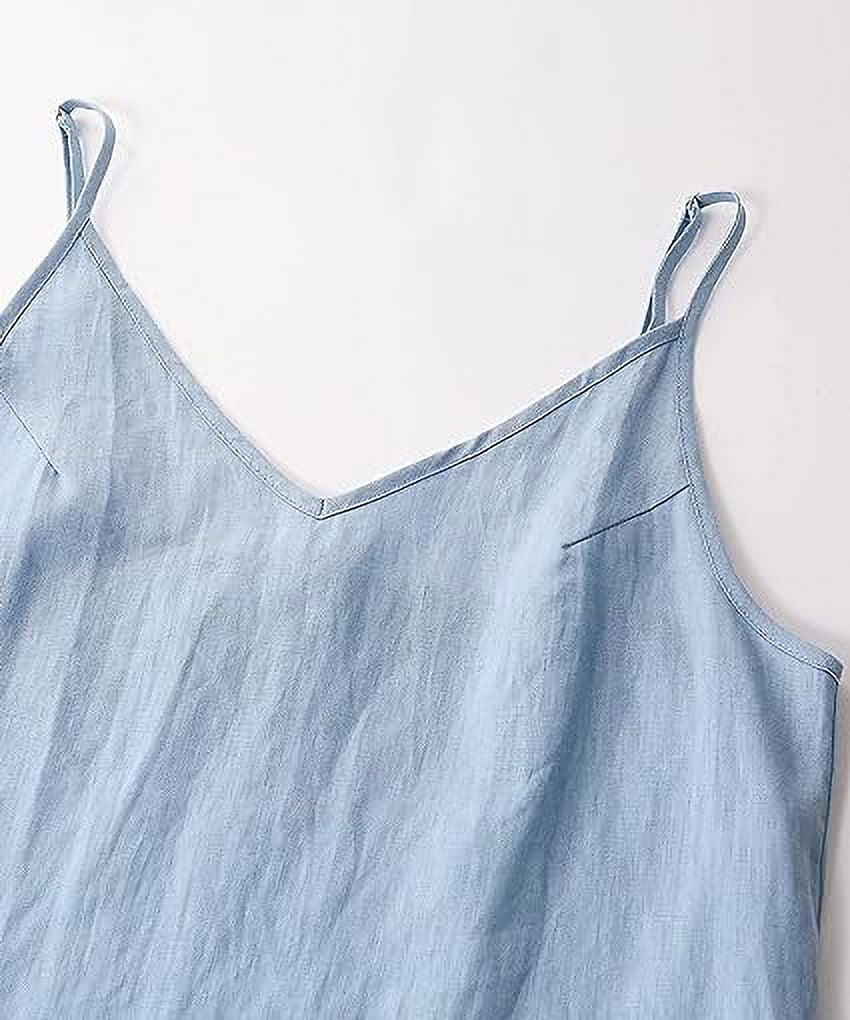 Amazhyu 100% Linen V Neck Spaghetti Strap Sleeveless Summer Causal Dresses with Slit for Women