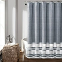 Lush Decor Nantucket Yarn Dyed Cotton Tassel Fringe Stripe Shower Curtain, 72x72, Navy, Single