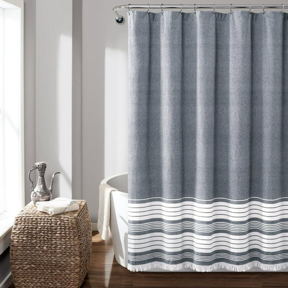 Lush Decor Nantucket Yarn Dyed Cotton Tassel Fringe Stripe Shower Curtain, 72x72, Navy, Single