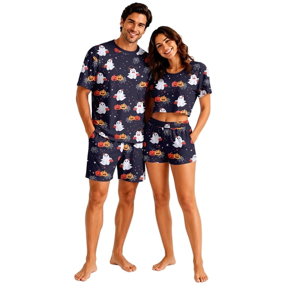 Halloween Pjs, Halloween Couple Matching Pajamas Set, Navy Ghost Pumpkin Star Short Sleeve Loungewear, Crop Top & Shorts Sleepwear, Soft Cozy Spooky Holiday Nightwear for Summer & Home Wear, L