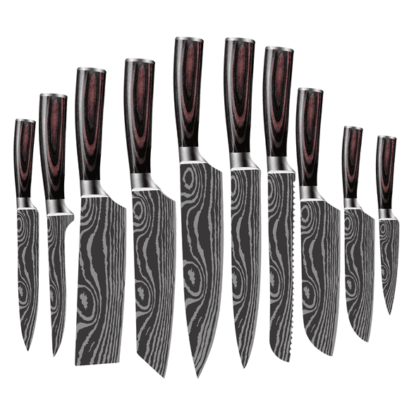 10-Piece Japanese Knife Set with Red Wooden Handle and Laser Damascus Pattern - Chef Knife, Santoku Knife, Bread Knife, Paring Knife