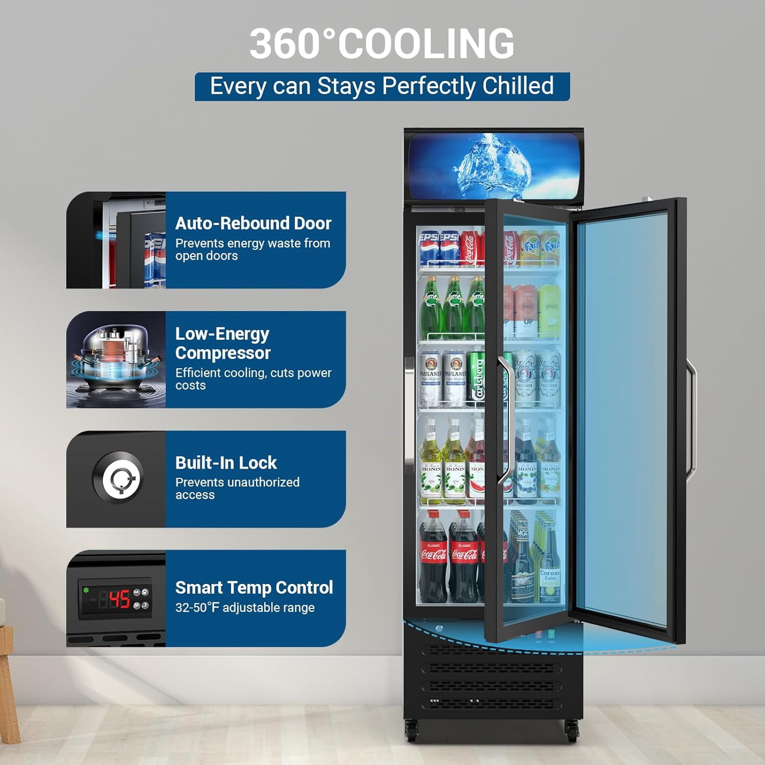 Ecojoy Commercial Beverage Refrigerator 14.8 Cu Ft, Commercial Display Fridge with Glass Door & Front LED Light for Stores, Restaurant, Office