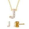 Brilliance Fine Jewelry Sterling Silver 14kt Gold Plated Cubic Zirconia Initial J Pendant and Earring Set, 15" + 3" Extension