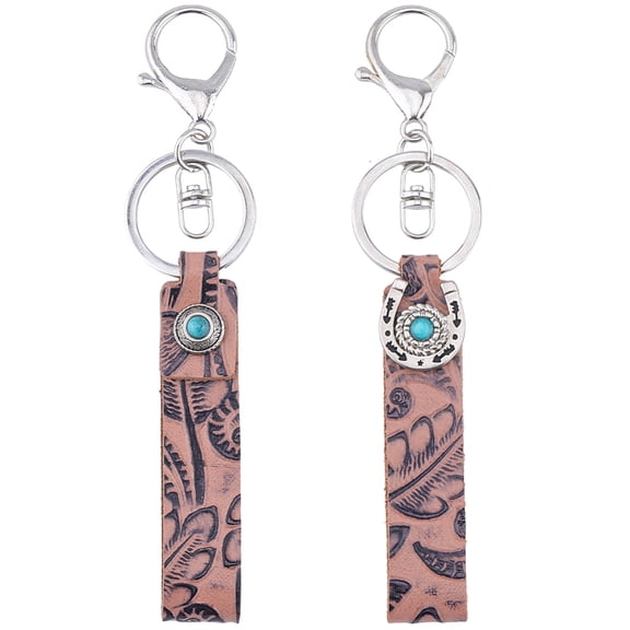 2 Styles Turquoise Embossed Genuine Leather Universal Keychains Western Cowhide Car Key Chains Vintage Leather Key Fob Holder Keyring