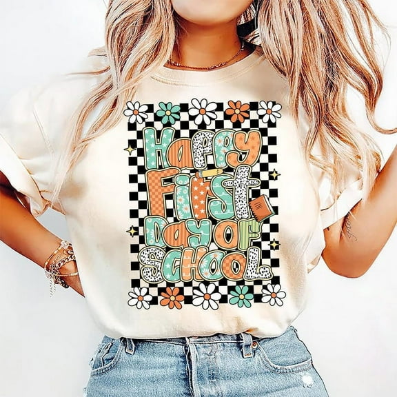 Floral Teacher First Day of School T-Shirt, Back to School Tee, Girly Checkered Pre-K Kindergarten Graphic Shirt