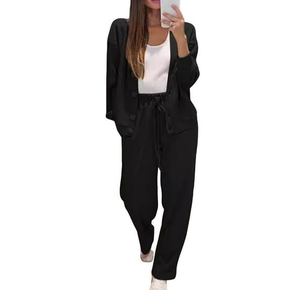 2 Pcs/Set Women Shirt Pants Set V Neck Single-breasted Long Sleeves Knitted Loose Top Drawstring Elastic Waist Wide Leg Trousers Sport Tracksuit