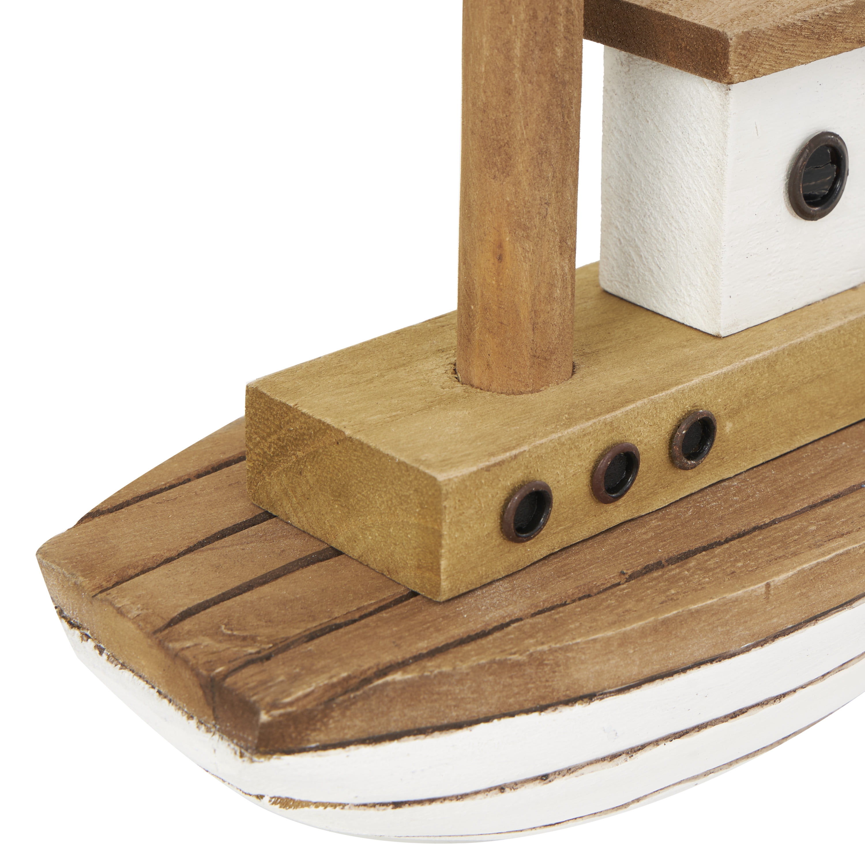 6", 5", 4"H Brown Wood Handmade Boat Sculpture with White Accents, by DecMode (3 Count)