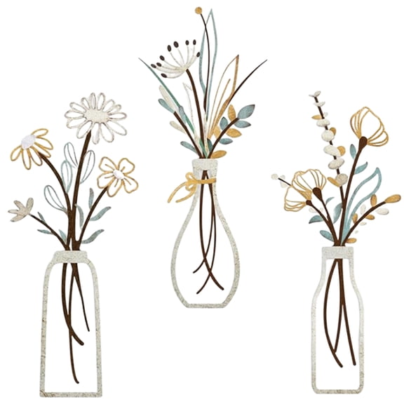 3pcs Geometric Floral Metal Wall Decors Vases Sculptures Set Minimalists Room Accent for Living Space Bedroom