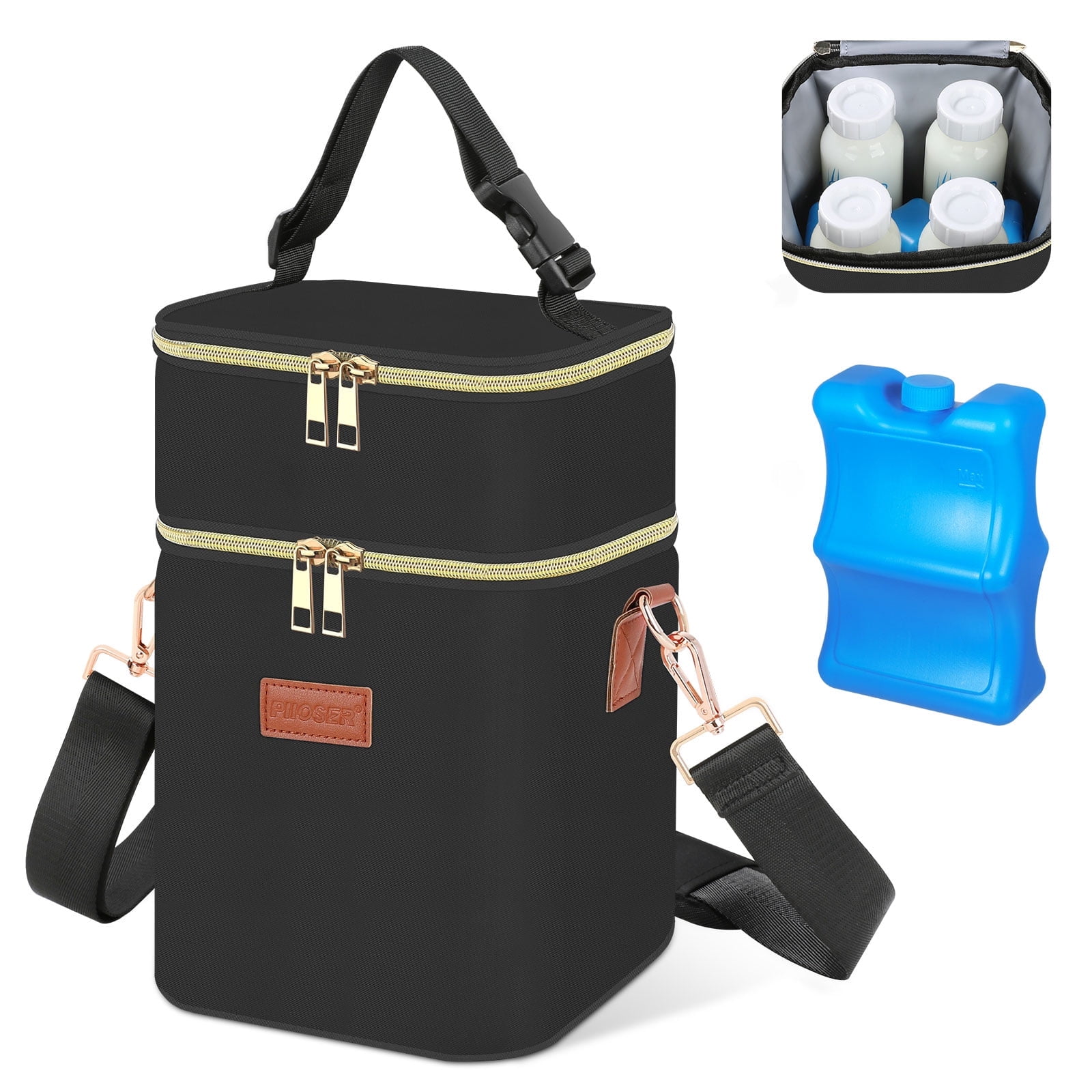 Breastmilk Cooler Bag with Ice Pack ,Fits 4x 9oz Bottles, Insulated Baby Bottle Tote with Shoulder Strap, Small Thermal Nursing Bag for Working Moms & Daycare (Black-S)