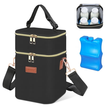 Breastmilk Cooler Bag with Ice Pack ,Fits 4x 9oz Bottles, Insulated Baby Bottle Tote with Shoulder Strap, Small Thermal Nursing Bag for Working Moms & Daycare (Black-S)