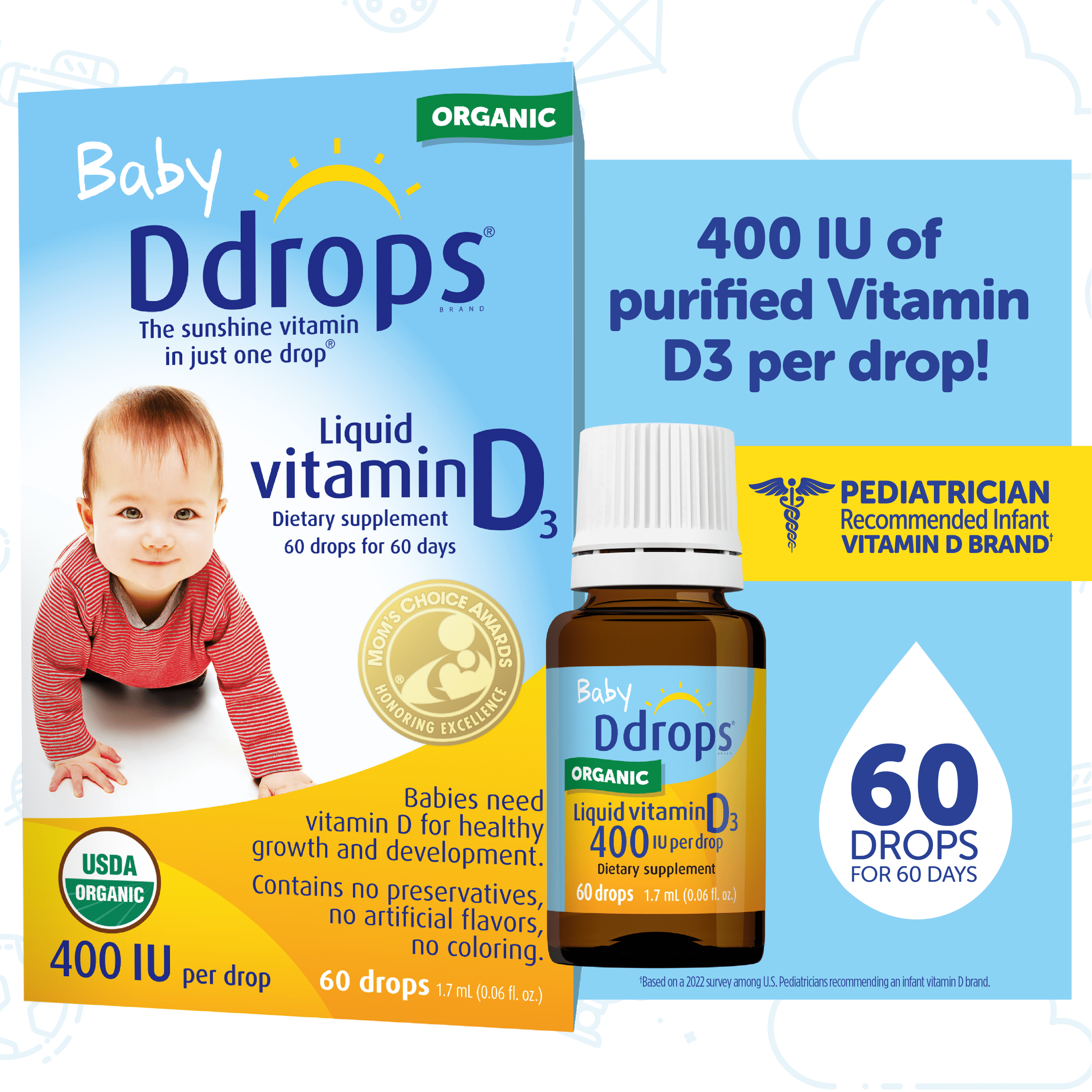 Baby Ddrops Liquid Vitamin D3 Drops, 400 IU per Drop, 0.06 fl oz