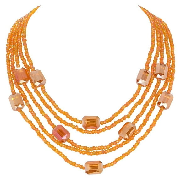 Bocar Multi Seed Bead Strand Necklace Multilayer Chunky Bib Statement Rice Beads Collar Necklace for Women(N0108-Orange Rectangle)