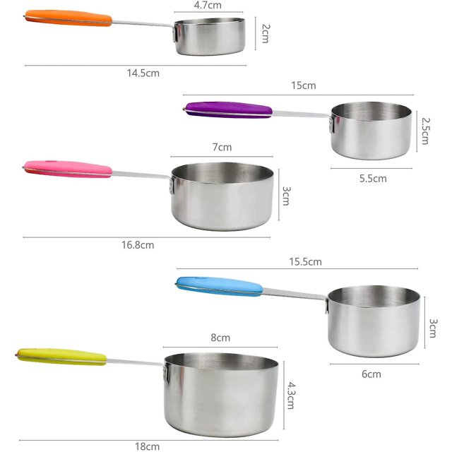CARBONLIKE Juego de 5 tazas medidoras con asas de silicona, cuchara medidora de acero inoxidable LingWen 8390606081193