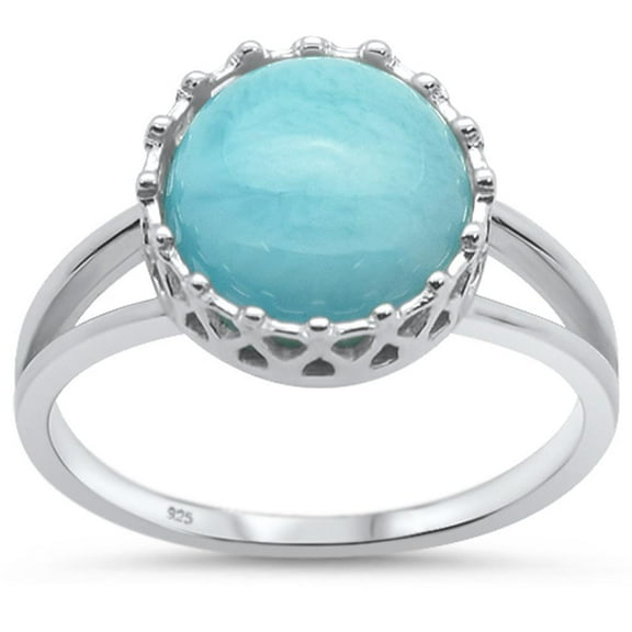 Round Natural Larimar Crown Ring Sterling Silver Size 6