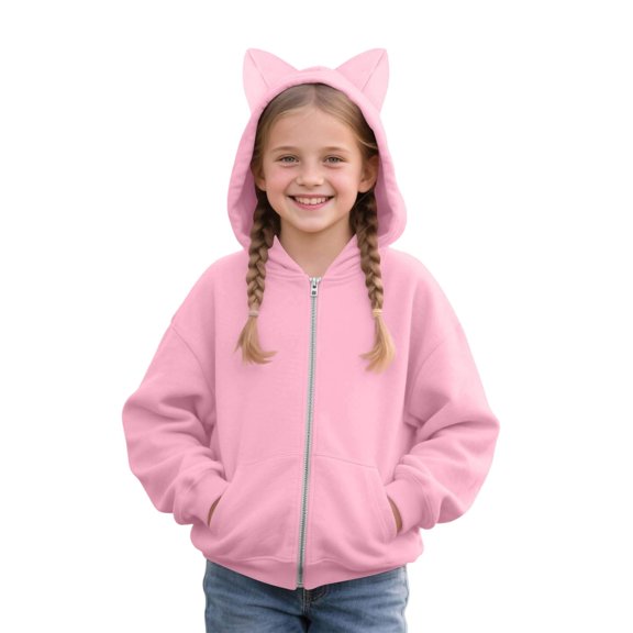 enyan Tween Girl Hoodie Zip Up 5-14T Kids Long Sleeve Zipper Cute Cat Hood Sweatshirt with Pocket Pink,5-6 Years