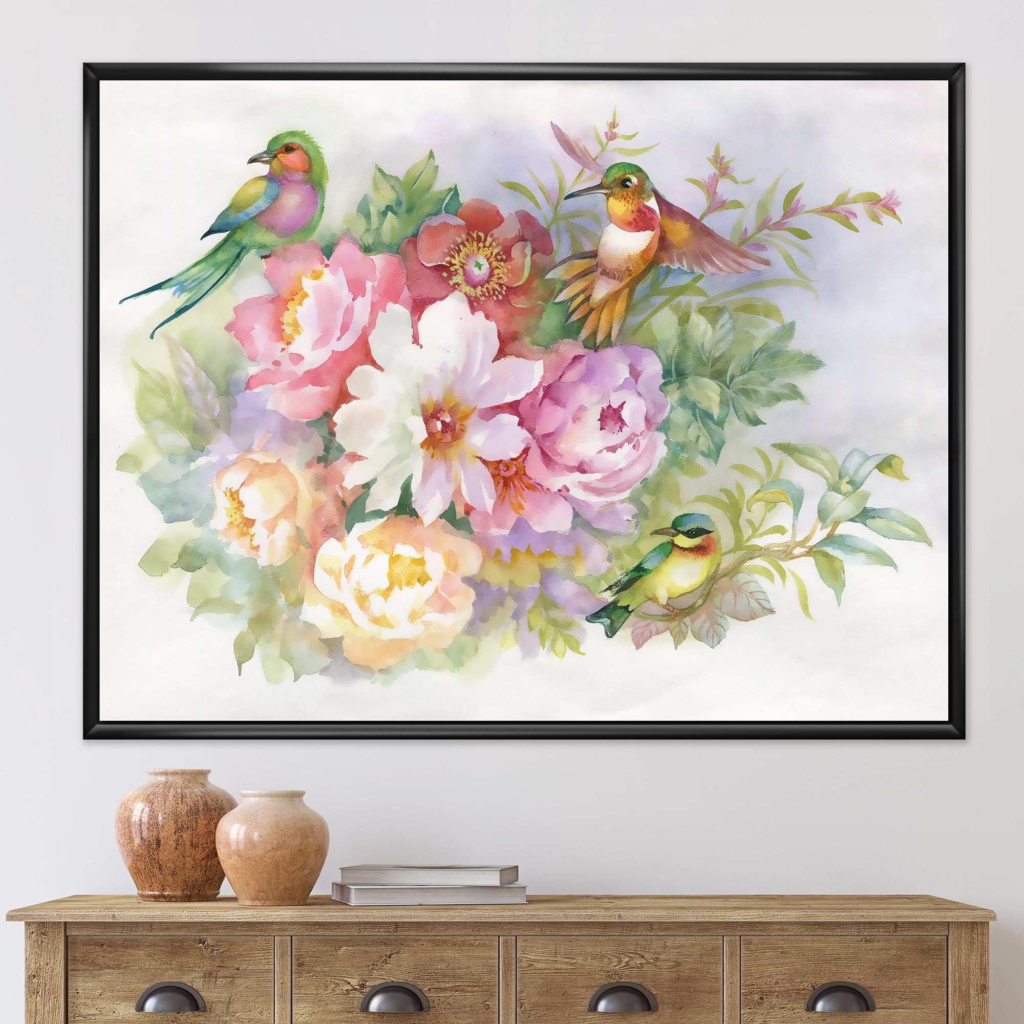 Designart 'Colourful Birds and Vibrant VIntage Flowers' Traditional Framed Canvas Wall Art Print