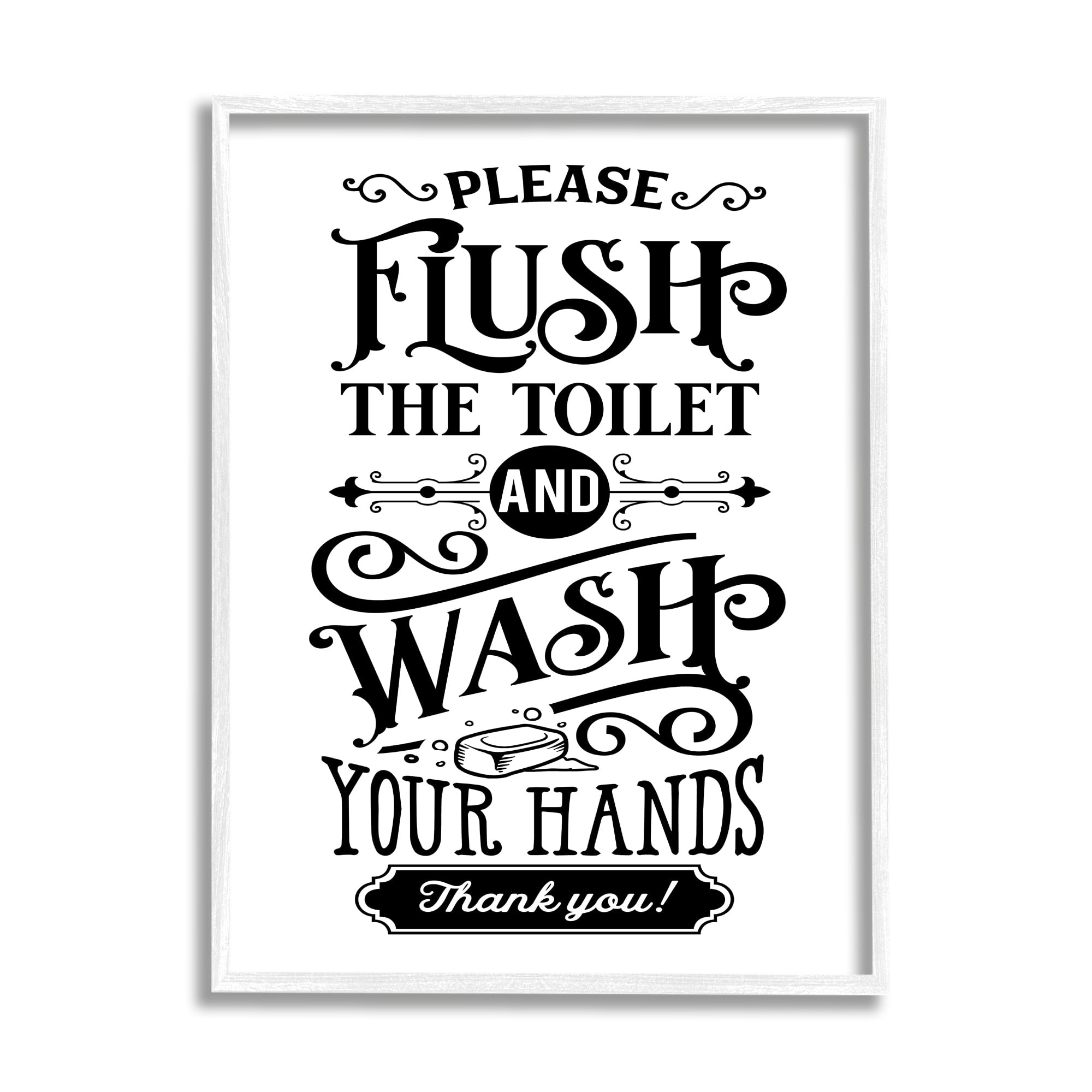 Stupell Industries Flush & Wash Hands Vintage Style Text Typography Graphic Art White Framed Art Print Wall Art, Design by Lettered and Lined