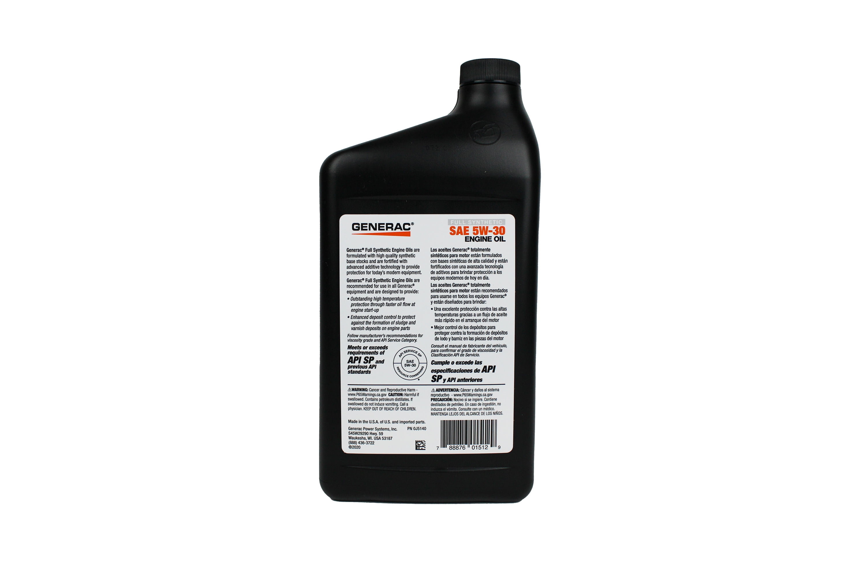 Generac Full Synthetic Motor Oil 5W-30 SN | Outstanding Viscosity Stability, Superior Engine Protection, Reduces Friction, Prevents Sludge | Extended Your Generator Engine Life| API SN Certified