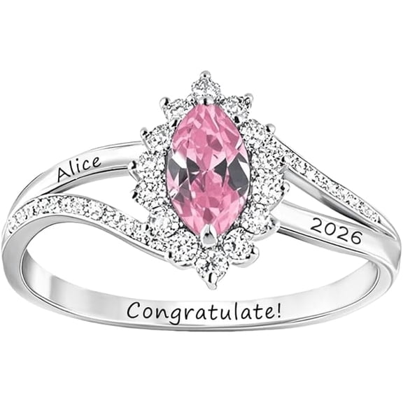 Personalized Pink Marquise Graduation Ring Custom Name Year Inside Engraving For Women925 Sterling Silver