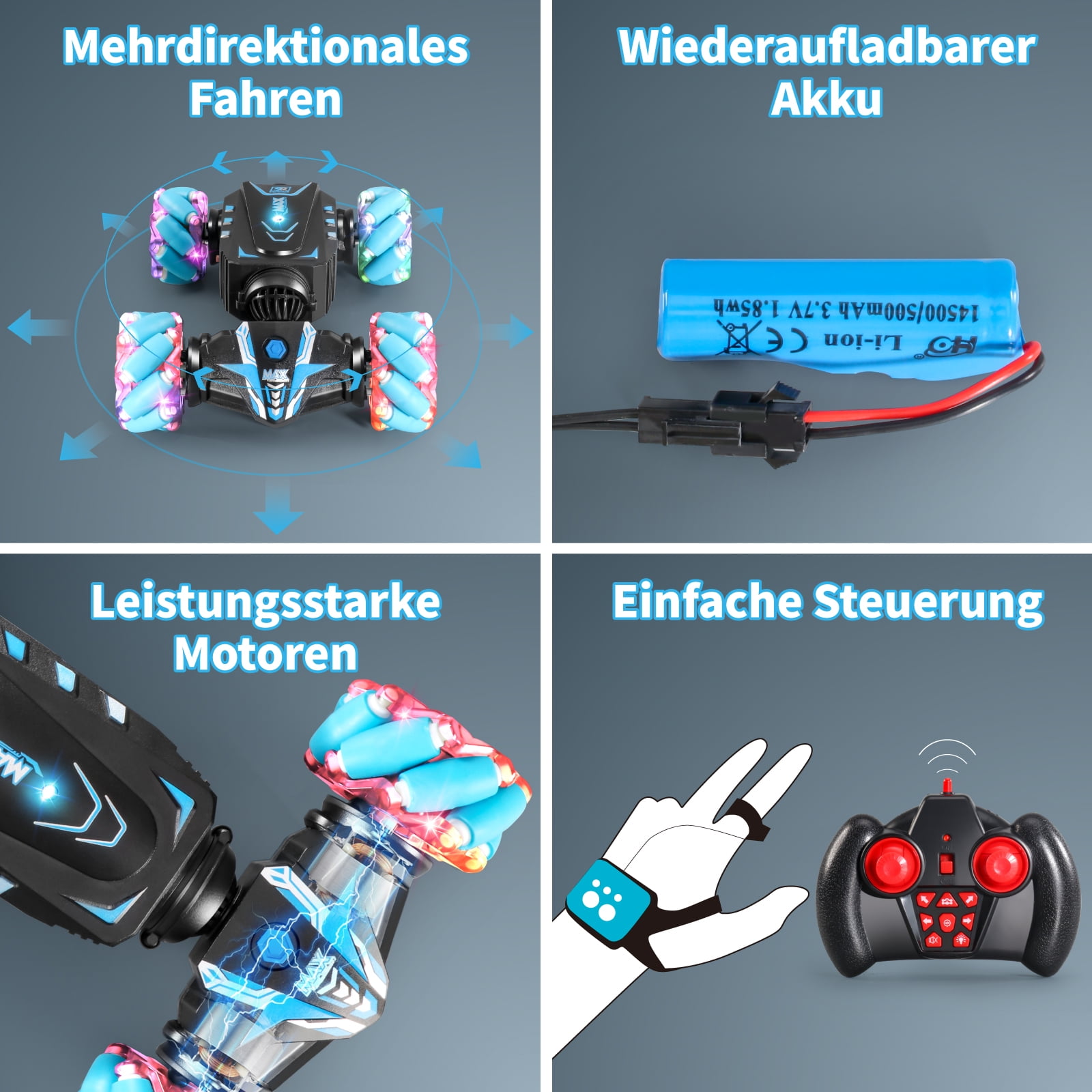 VANLINNY Gesture Sensing RC Stunt Car with Light and Music,Drift Hand Controlled Remote Control Twist Cars Toys for 8-12 yr Boys Girls,4WD 2.4GHz Monster Truck 360° Flips/Spray,Xmas Gift for Kids.