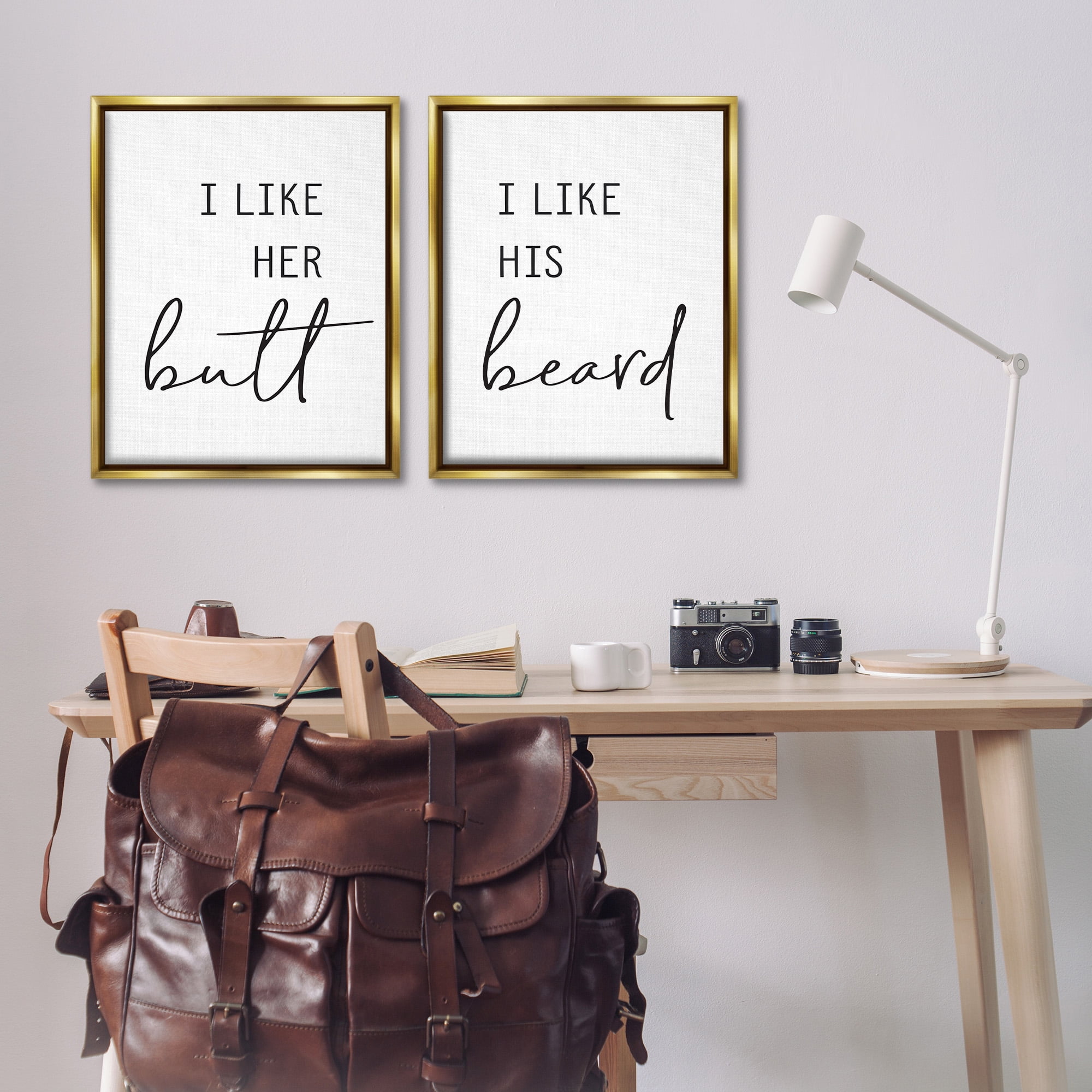 Stupell Industries Her Butt His Beard Funny Romantic Typography Painting Gold Floater Framed Canvas Art Print Wall Art, 25 x 31, Set of 2
