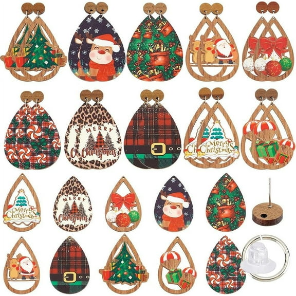 1 Box 10 Pairs Christmas Wooden Earring Kit Wood Earring Charms Christmas Tree Charms Santa Claus Christmas Charm Wooden Charms for Jewelry Making Kits Holiday Women Adult Gift Supplies Mixed Color