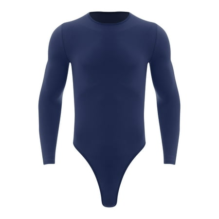 Sxiwei Mens Thong Leotard Tops One Piece Slim Fit Bodysuit Long Sleeves Undershirts Sleepwear Dark Blue L