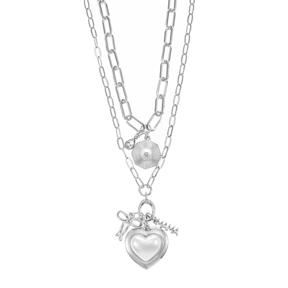 Time and Tru Heart Charm Layered Necklace Set Silvertone