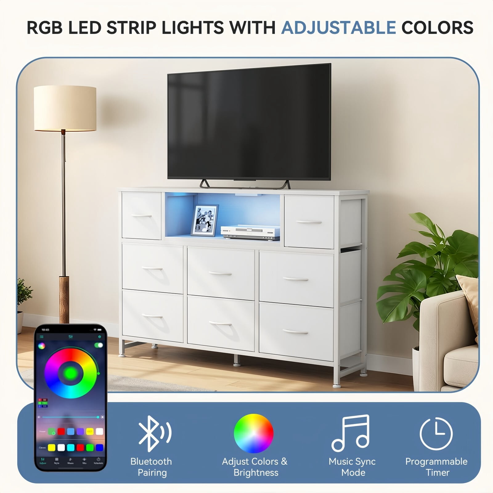 Kelno TV Stand Dresser with 8 Fabric Drawers Open Shelf LED Lights AC USB Charging Station, White