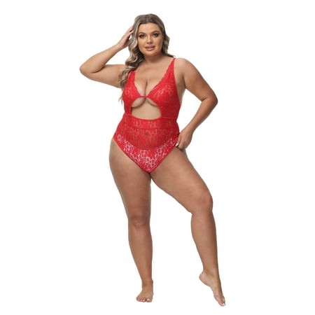 

Xmarks Women Plus Size Lace Bodysuit Teddy Lingerie One Piece Babydoll Clubwear Red US 18