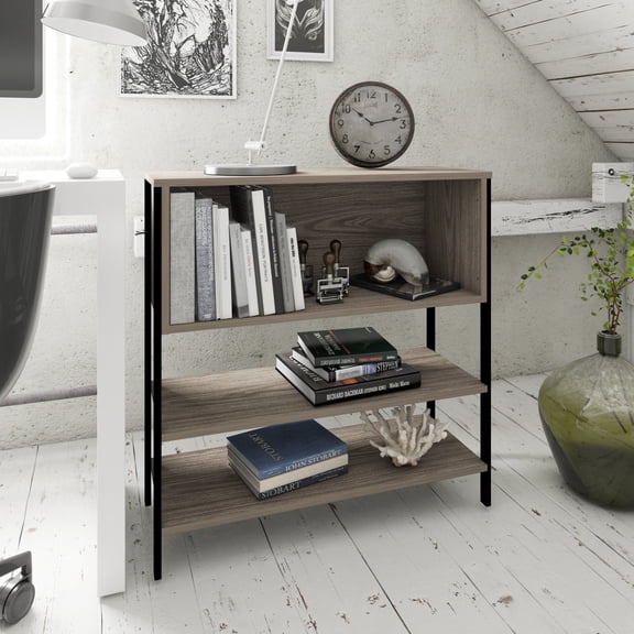 Librero Estante Organizador dos Vistas, Tres Espacios Organizadores, Estructura Metálica, Tablero Laminado Texturizado Playcon