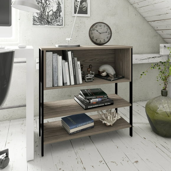 Librero Estante Organizador dos Vistas, Tres Espacios Organizadores, Estructura Metálica, Tablero Laminado Texturizado Playcon