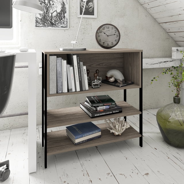 Librero Estante Organizador dos Vistas, Tres Espacios Organizadores, Estructura Metálica, Tablero Laminado Texturizado Playcon