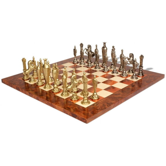 Renaissance Theme Metal Chess Set with Elm Burl Chess Board