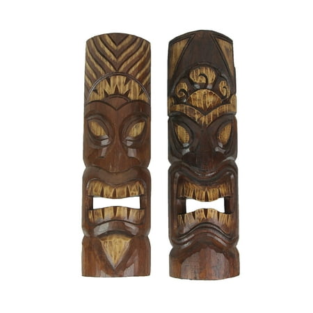 Set of 2 Unique Hand-Carved Wooden Polynesian-Style Tiki Wall