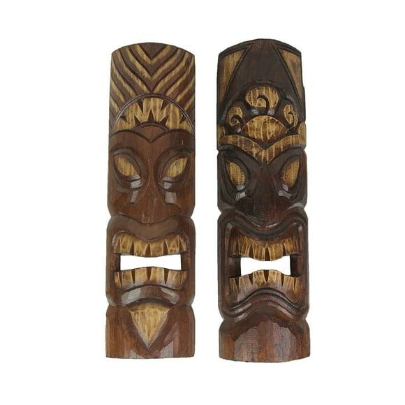 Ensemble de 2 Masques Muraux Tiki en Bois Sculpté à la Main Style Polynésien avec Soleil et Fleur - Fabriqué à l'Artisanat - Décoration d'Le Exotique, 20 Pouces de Hauteur