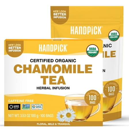 HANDPICK, Organic Chamomile Tea Bags (100 Herbal Tea Bags) Caffeine Free| Premium Floral Chamomile Herbal Tea in Eco-Conscious Teabags | Direct from Source
