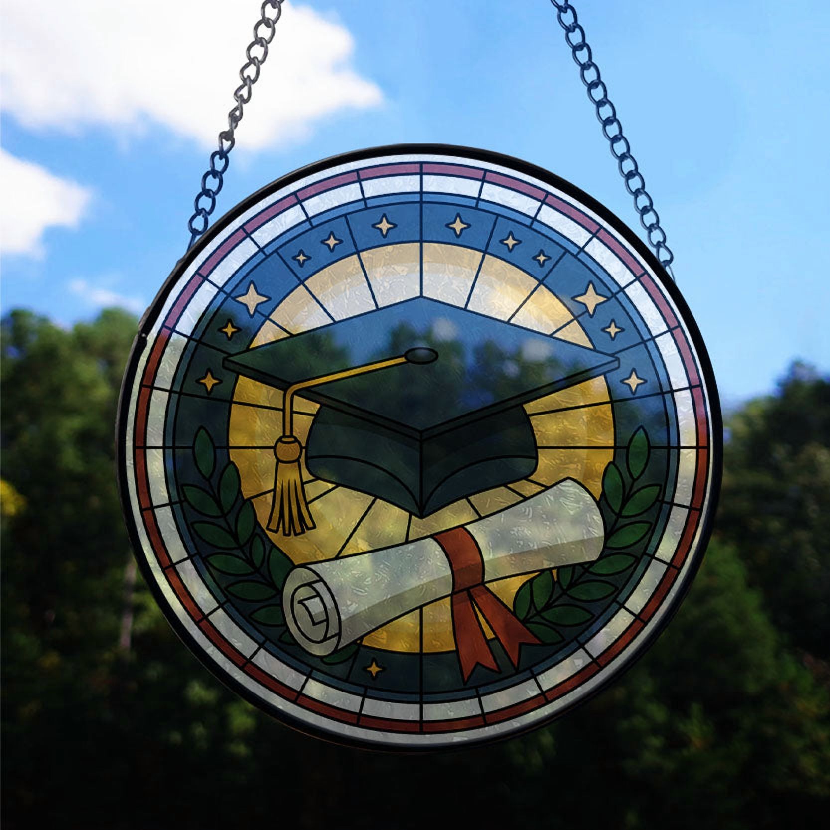 Graduation Cap & Diploma Stained Glass Suncatcher Window Hanging – Holiday Window Hanging Gift for Family, Friends, Men or Women, Christmas 2025 Tree Keepsake