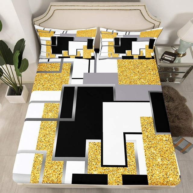 YST Yellow Black Grey Bedding Set Full Abstract Geometric Bed Sheets Sequins Checkered Fitted Sheet For Kids Adults Buffalo Check Grids Bed Cover For All Season Room Decor(No Top Sheet)
