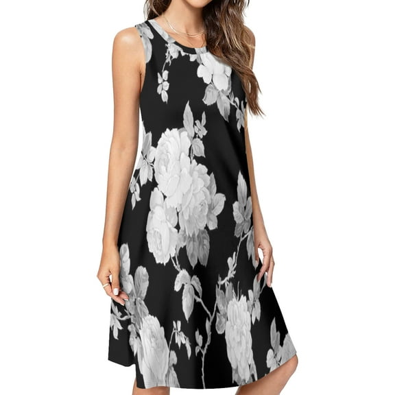 Black and white roses Spring Summer Dresses for Women Fashion T-shirt Dress Casual Sleeveless Loose Sundress with Pockets